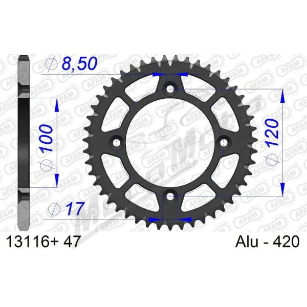 AFAM Aluminium Ultra-Light Hard Anodized Rear Sprocket 13116 - 420 47 teeth YAMAHA YZ 65 2017-2026