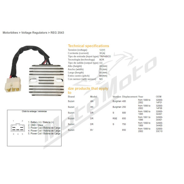 DZE Voltage Regulator 12V 35A Suzuki AN / SV / DR 250-800cc 88-02