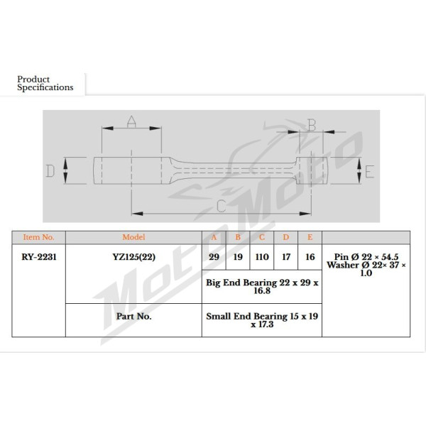 Royal Rods Connecting Rod Yamaha YZ 125cc 22-25