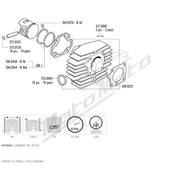 POLINI Big Bore Cilindro komplektas 46mm 70cc Honda Camino / PX 50cc 81-91