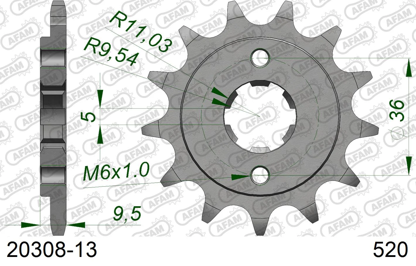AFAM Steel Standard Front Sprocket 20308 - 520 13-14 teeth ​​​​​​​HONDA TRX 250 FOURTRAX 86-89