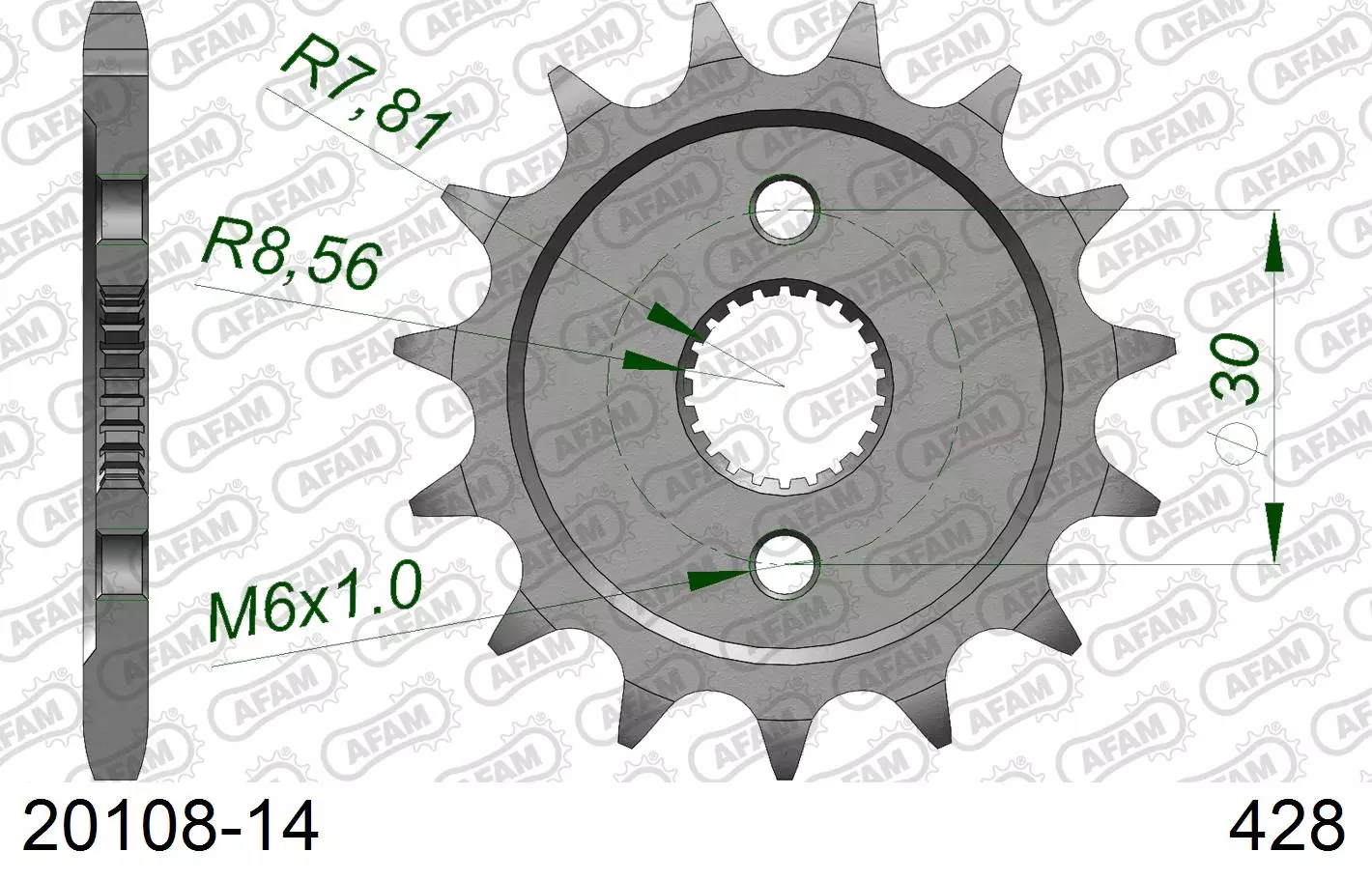 AFAM plieninė standartinė priekinė žvaigždutė 20108 - 428 14-16 dantukų HONDA CR 80-85cc 96-07