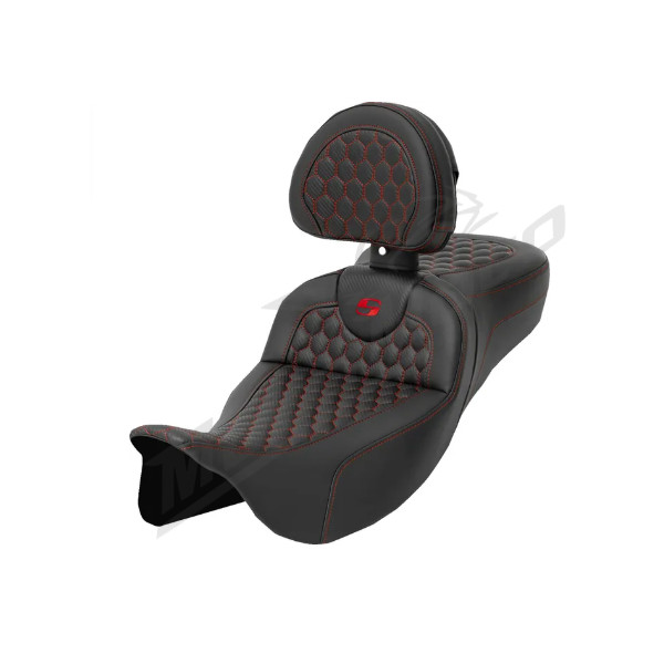 SADDLEMEN Roadsofa Honeycomb Seat Extended With Backrest Red Harley Davidson FLHR / FLHT / FLHTK / FLHX / FLTRX 1584-1923 08-25
