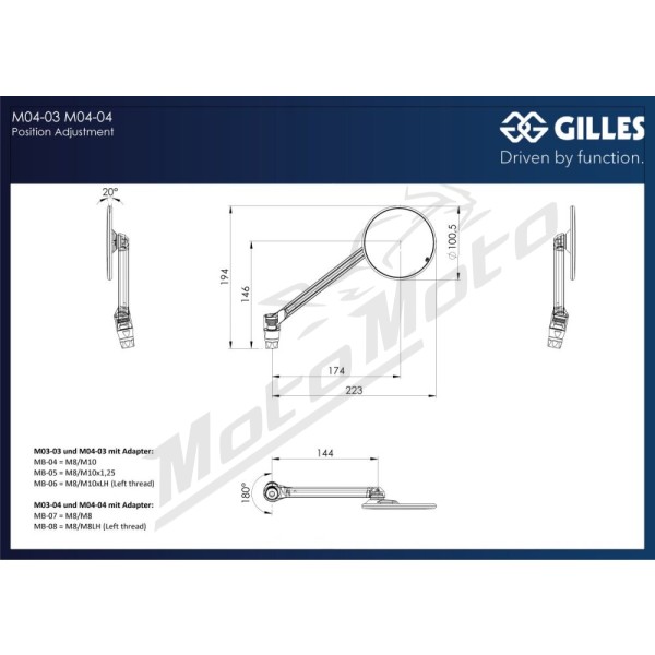 GILLES TOOLING Moon Mirror M10 Aprilia / BMW / Ducati / Honda / Husqvarna / Kawasaki / Suzuki 125/1300 85-26