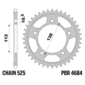 PBR Standard C45 plieninė galinė žvaigždė 4684 - 525 ​​​​​​​YAMAHA MT / TRACER / XSR 850-900cc 2021-2025