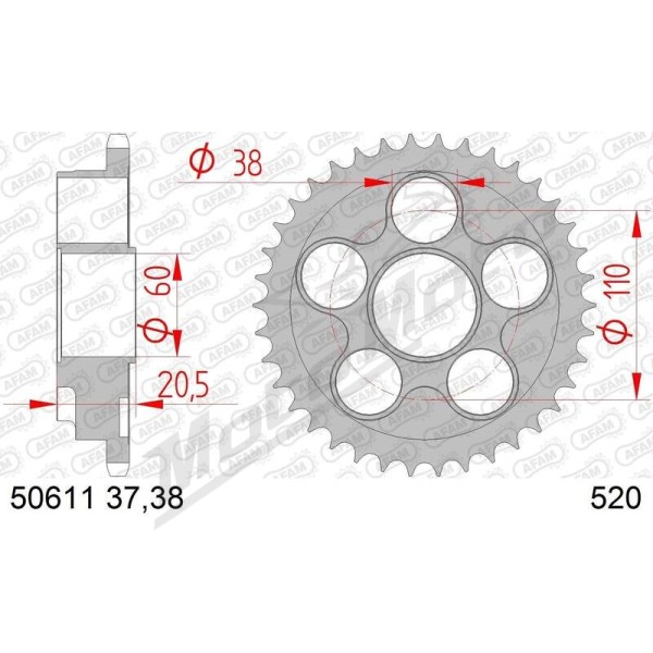 AFAM plieninė standartinė galinė žvaigždė 520 38 dantukų DUCATI 748cc 95-00
