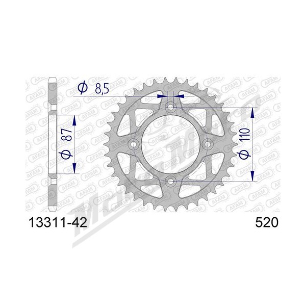 AFAM aliuminio itin lengva kietai anoduota galinė žvaigždė 13311 - 520 42 dantukų ​​​​​​​YAMAHA TY 250cc 86-92