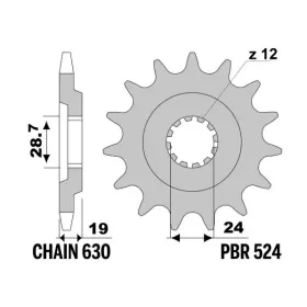 PBR plieninė standartinė priekinė žvaigždutė 524 - 630 Kawasaki GPZ 1100 Unitrack 1983-1985