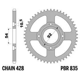 PBR Standard C45 plieninė galinė žvaigždė 835 - 428 YAMAHA SR / TZR 125cc 1982-2003