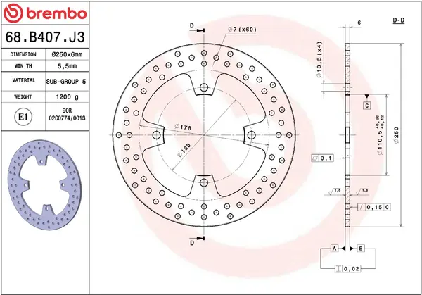 BREMBO Galinis stabdžių diskas Kawasaki Z 800 2016