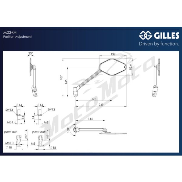 GILLES TOOLING Stratos veidrodėlis M8 Ducati Hypermotard 1vnt 698/1100 07-25