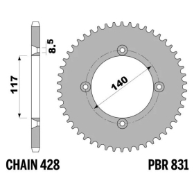 PBR Standard C45 Steel Rear Sprocket 831 - 428 YAMAHA YZ 80 1985-1992
