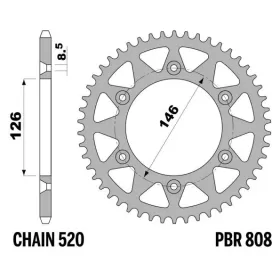PBR Standard C45 Steel Rear Sprocket 808 - 520 KAWASAKI / SUZUKI 250-450cc 82-25