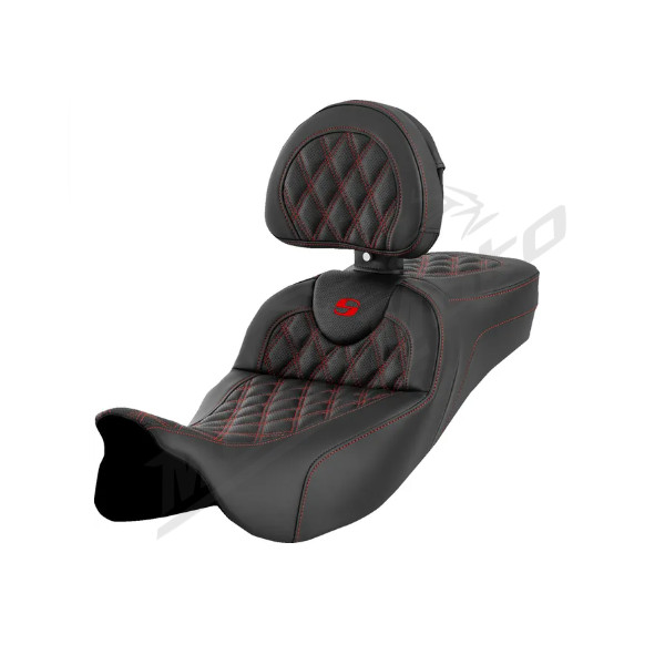 SADDLEMEN Roadsofa Perforated  Extended Red Seat With Backrest Harley Davidson FLHR / FLHRC / FLHTCU / FLTRU / FLTRXS 1584-1923 08-23