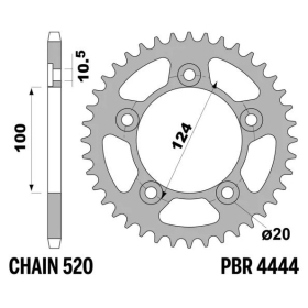 PBR Standard C45 Steel Rear Sprocket 4444 - 520 ​​​​​​​DUCATI 797 / 821 / MONSTER / PANIGALE / SCRAMBLER 797-1100cc 2013-2024
