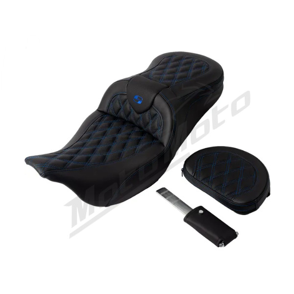 SADDLEMEN Road sofa Lattice Stitch Seat Black/Blue With Backrest Harley Davidson FLHR / FLHRC / FLHTC / FLHX / FLTRXS 1584-1923 08-23 