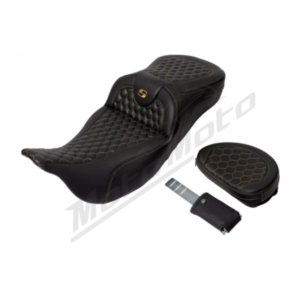 SADDLEMEN Roadsofa Honeycomb sėdynė su atlošu prailginta auksinė Harley Davidson FLHR / FLHT / FLHTKL / FLTR / FLTRX 1584-1923 08-25