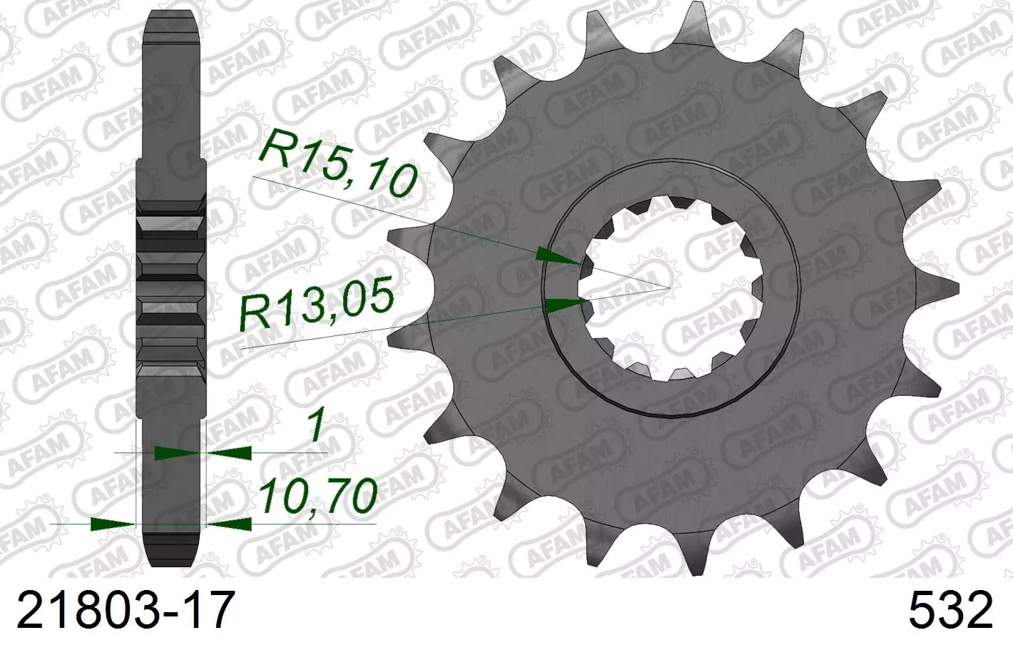 AFAM plieninė standartinė priekinė žvaigždutė 21803 - 532 16-17 dantukų ​​​​​​​Yamaha XJR 1200cc 95-98