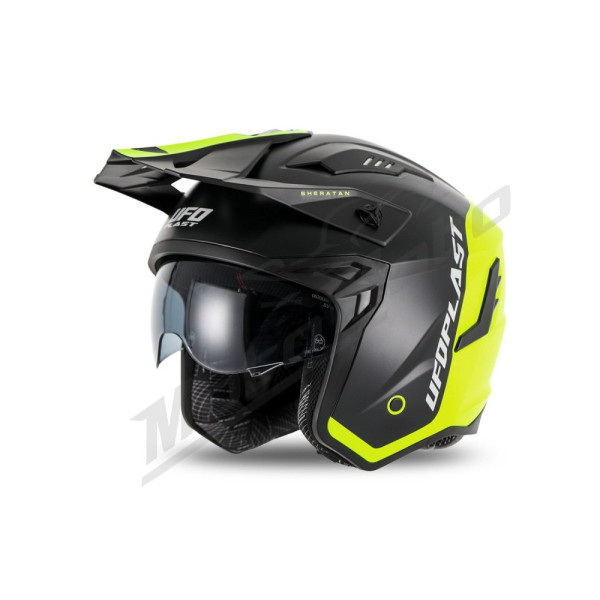 Ufo 2025/09 sheratan jet / trial helmet with sunblind color white / ufo application mix size xl ( ece 22r06 ) - collection 2025