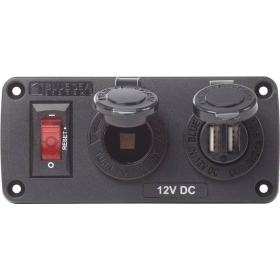 Blue Sea Atspari vandeniui panelė / 15A automatinis jungiklis / 12V lizdas / 2.1A dvigubas USB įkroviklis