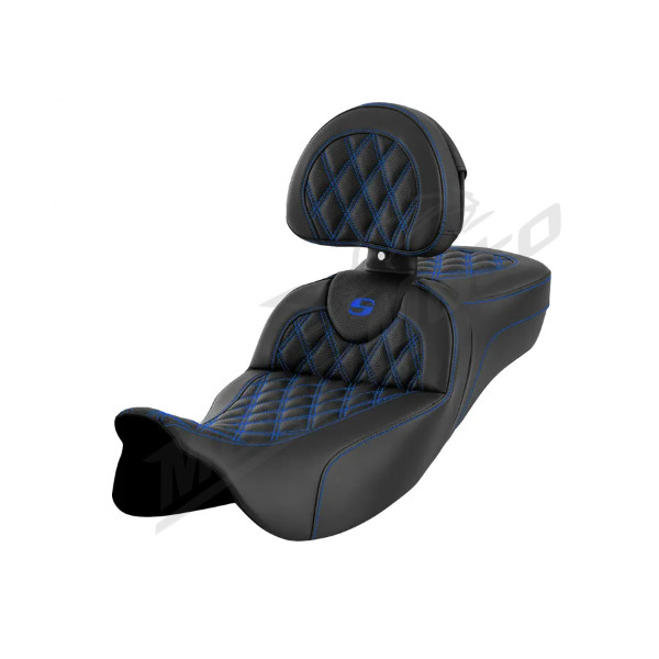 SADDLEMEN Roadsofa Perforated Extended With Backrest Black/Blue Seat Harley Davidson FLHR / FLHRC / FLHT / FLHX / FLTRX 1584-1923 08-23
