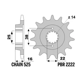 PBR plieninė standartinė priekinė žvaigždutė 2222 - 525 DUCATI HYPERMOTARD / MONSTER / MULTISTRADA 796-950cc 2010-2021