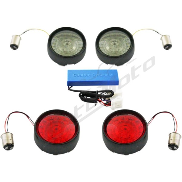 CUSTOM DYNAMICS Complete Front & Rear Turn Signal Conversion Kit with Bullet Bezel Lenses Harley Davidson FLHR / FLHTC / FLHTI 1450-1800cc 02-13