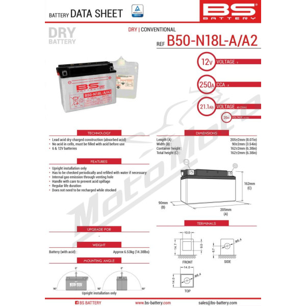 BS akumuliatorius B50-N18L-A/A2 (Y50-N18L-A/A2) 12V 20AH 205x90x162