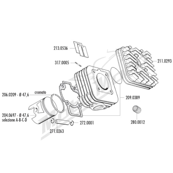 Cilindro komplektas POLINI Aliuminum  Piaggio / Gilera 50cc AC 2T Ø47,6 PIN Ø12