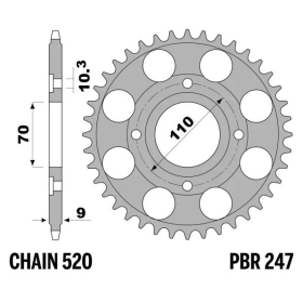 PBR Standard C45 Steel Rear Sprocket 247 - 520 ​​​​​​​HONDA CB / CM 400cc 1981-1983
