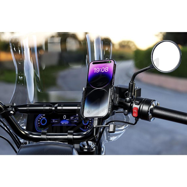 Biketec Motorcycle quick lock phone holder with usb 3. 0 power delivery charger 22-32 mm