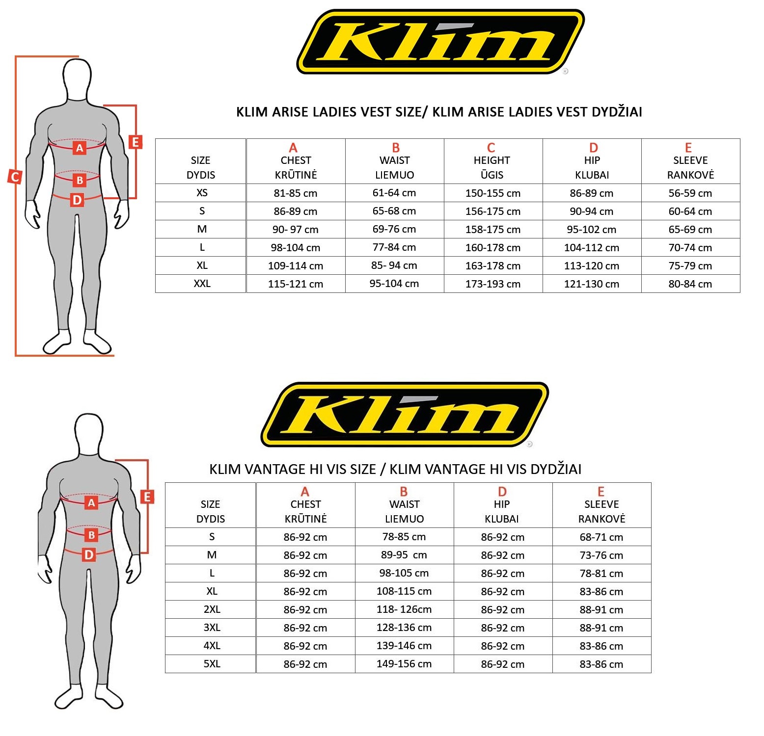 KLIM dydžių lentelė