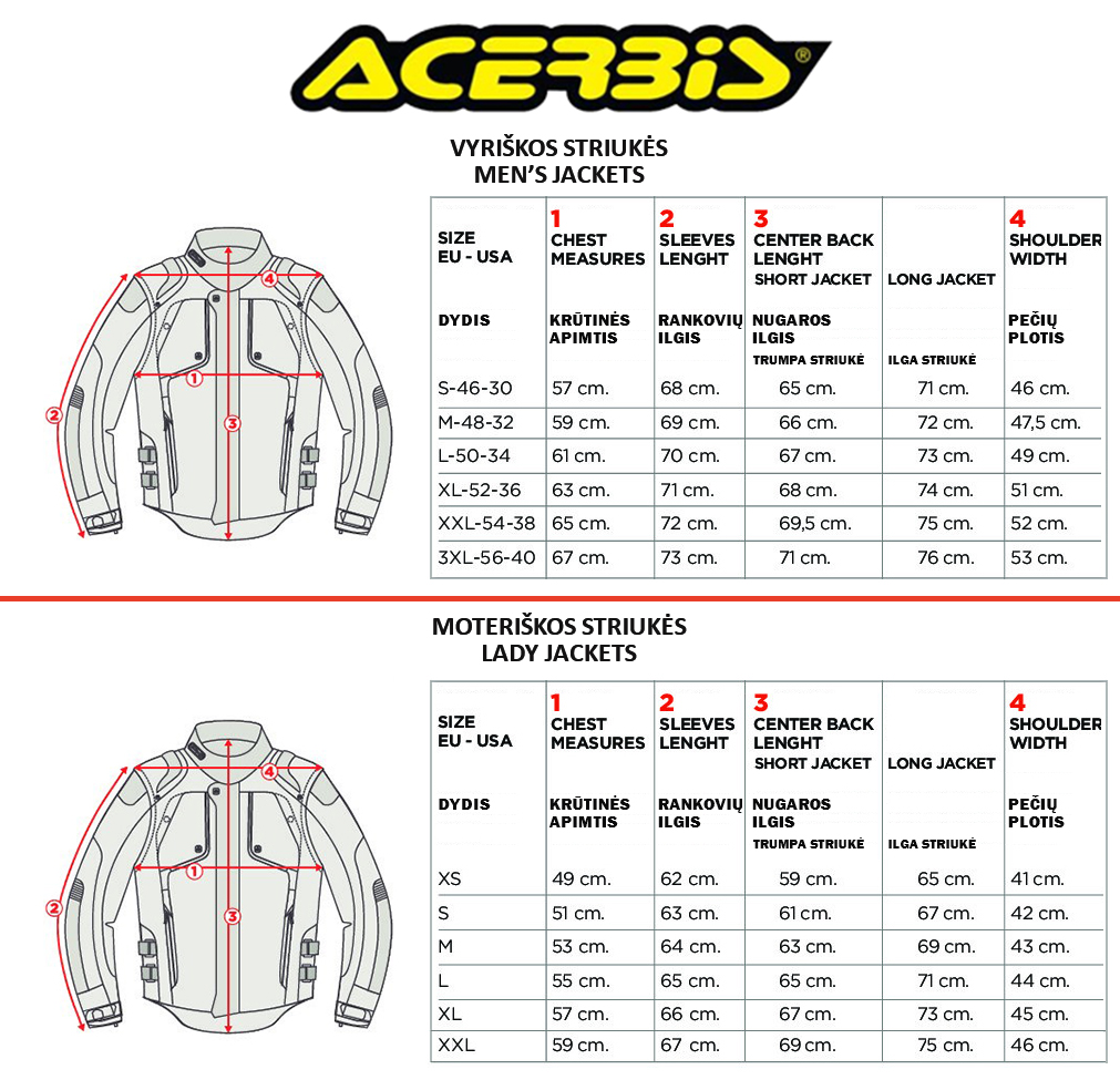 ACERBIS dydžių lentelė