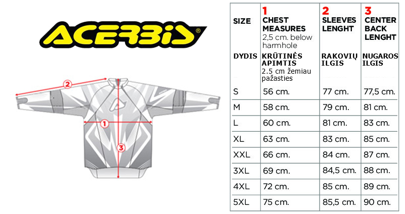 ACERBIS dydžių lentelė