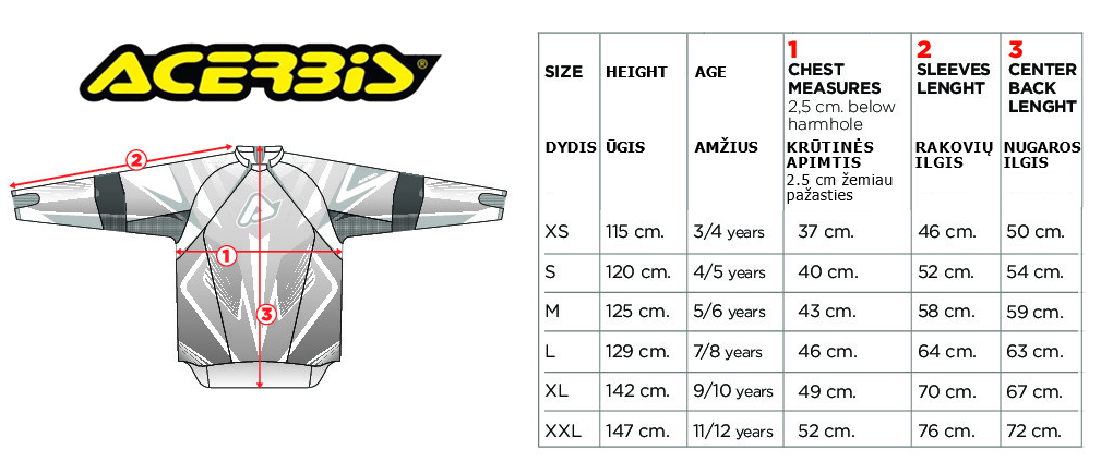 ACERBIS dydžių lentelė