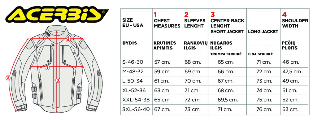 ACERBIS dydžių lentelė