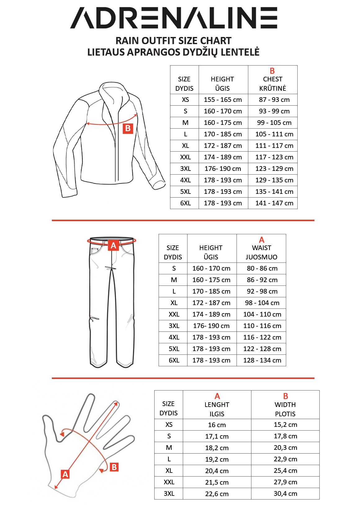 ADRENALINE size table
