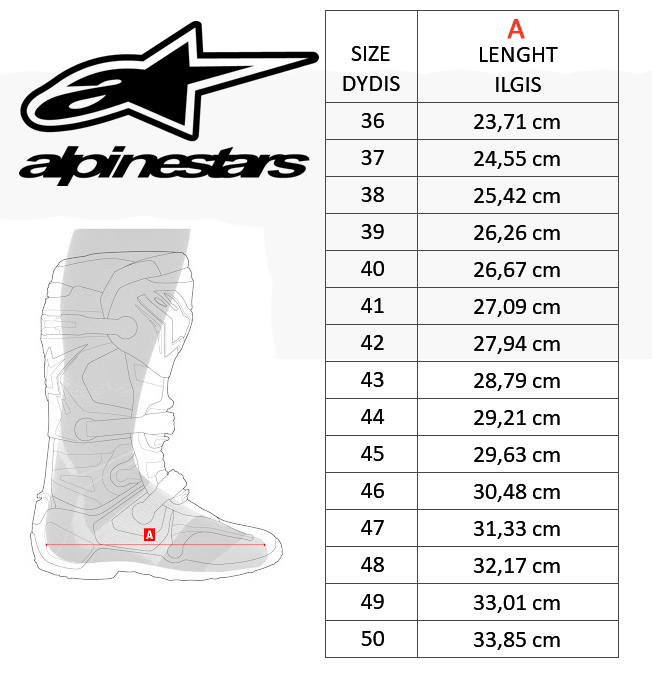 ALPINESTARS dydžių lentelė