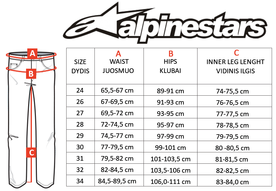 ALPINESTARS dydžių lentelė