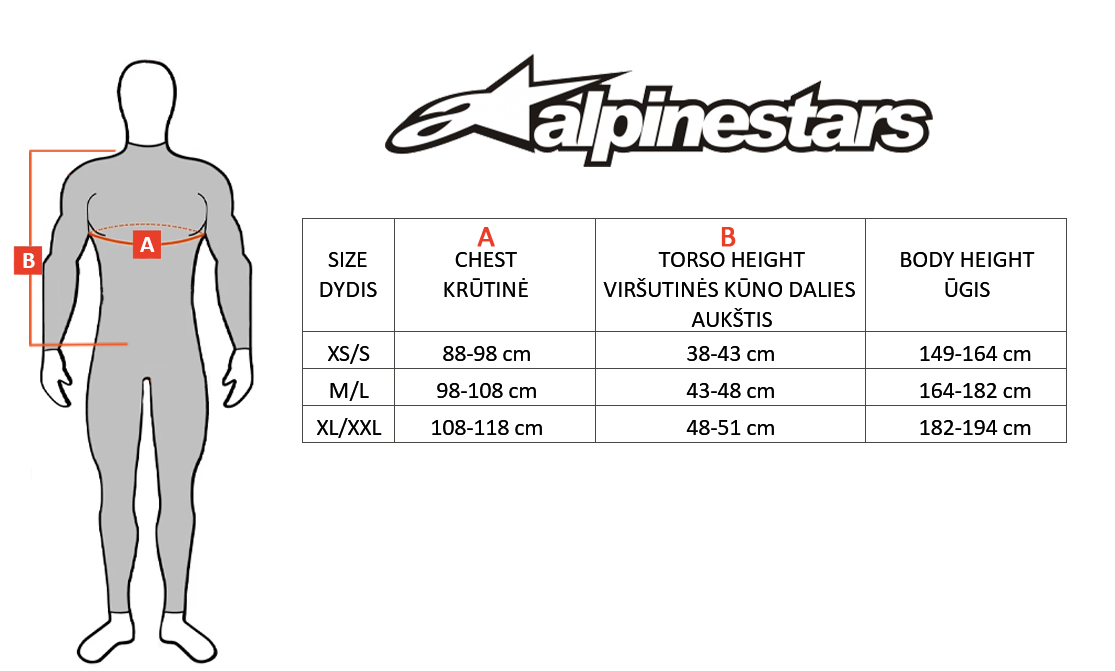 ALPINESTARS dydžių lentelė