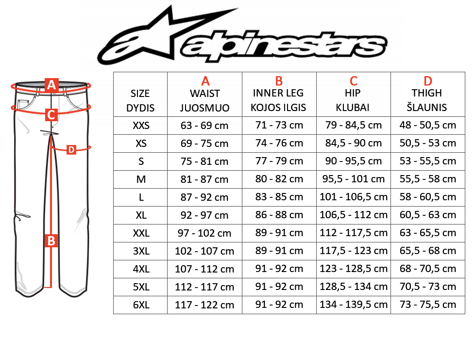 ALPINESTARS dydžių lentelė