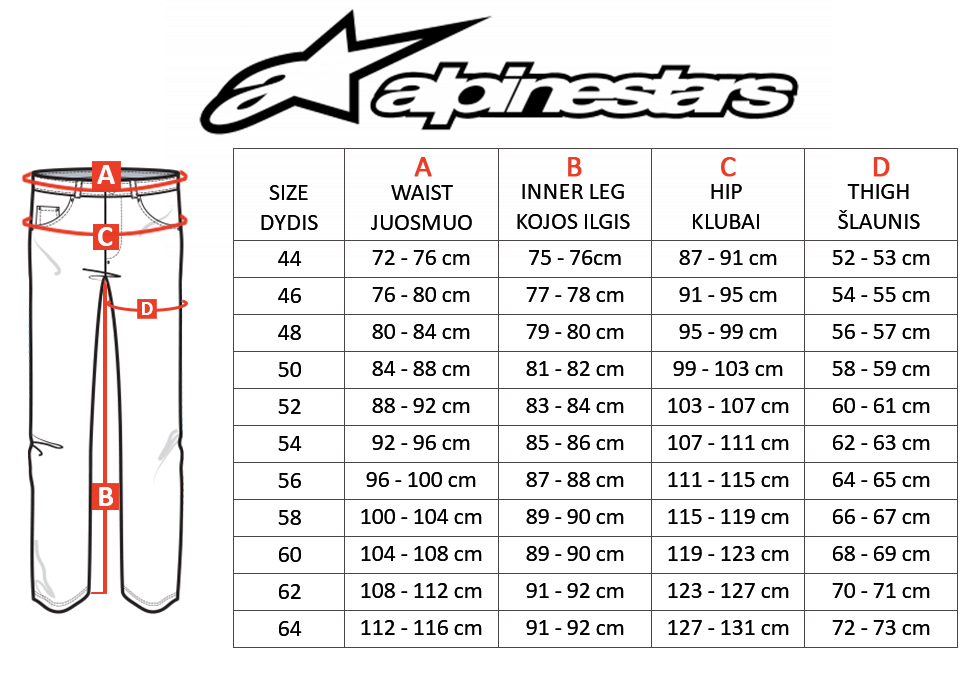 ALPINESTARS dydžių lentelė