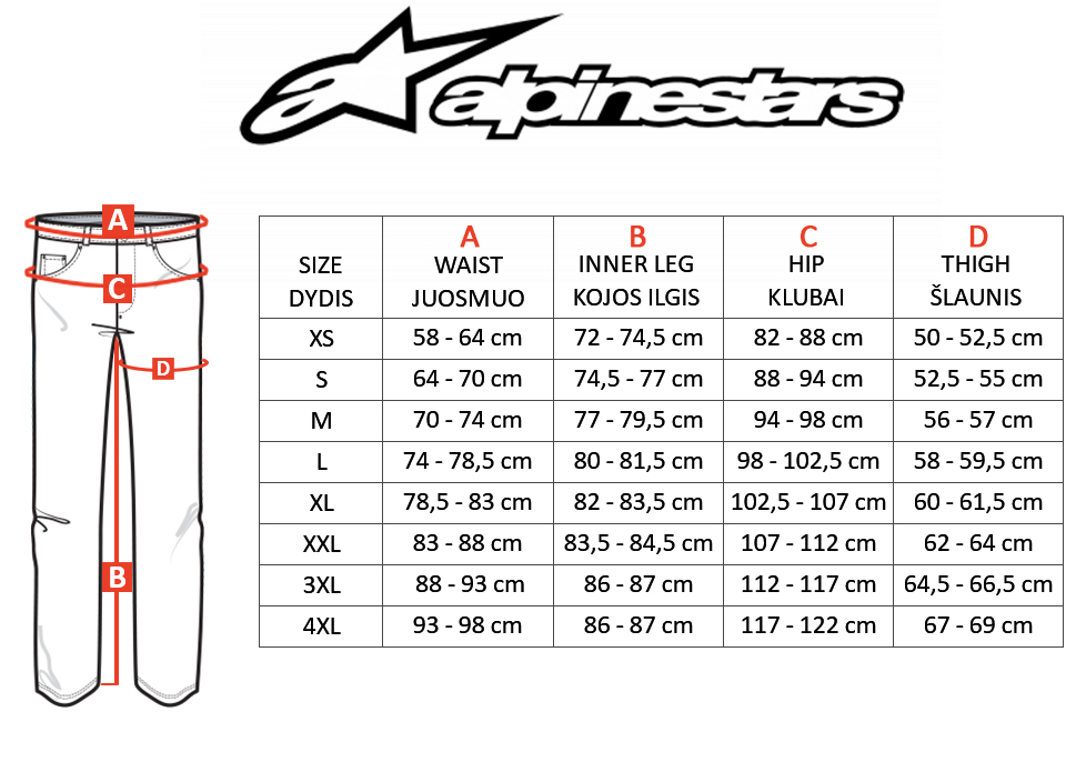 ALPINESTARS dydžių lentelė