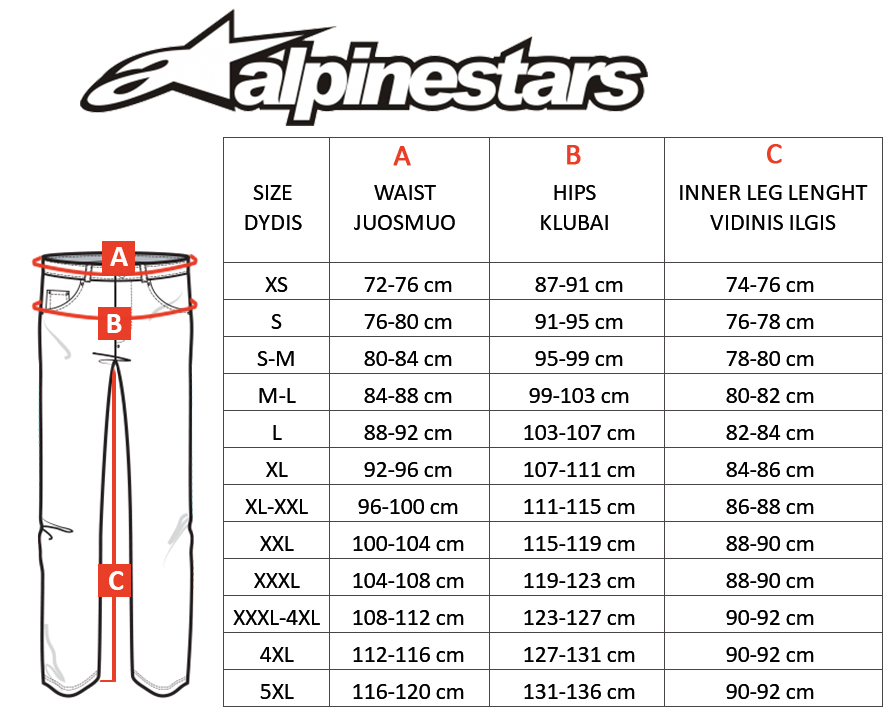 ALPINESTARS dydžių lentelė