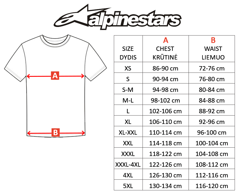 ALPINESTARS dydžių lentelė