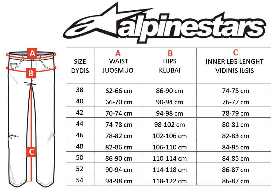 ALPINESTARS dydžių lentelė