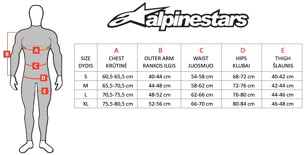 ALPINESTARS dydžių lentelė