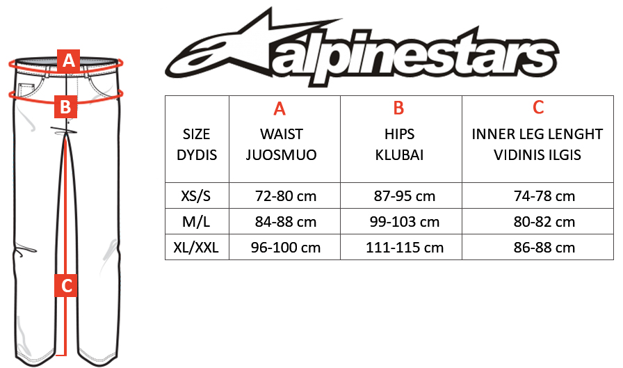 ALPINESTARS dydžių lentelė