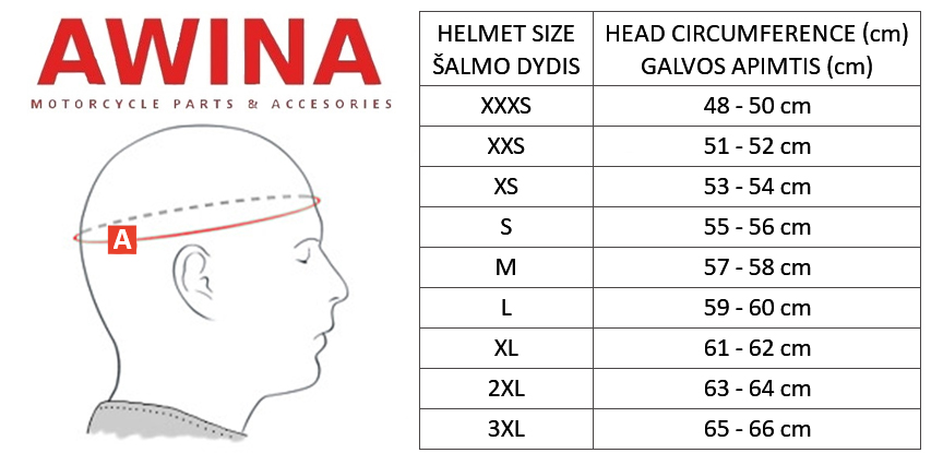 AWINA size table