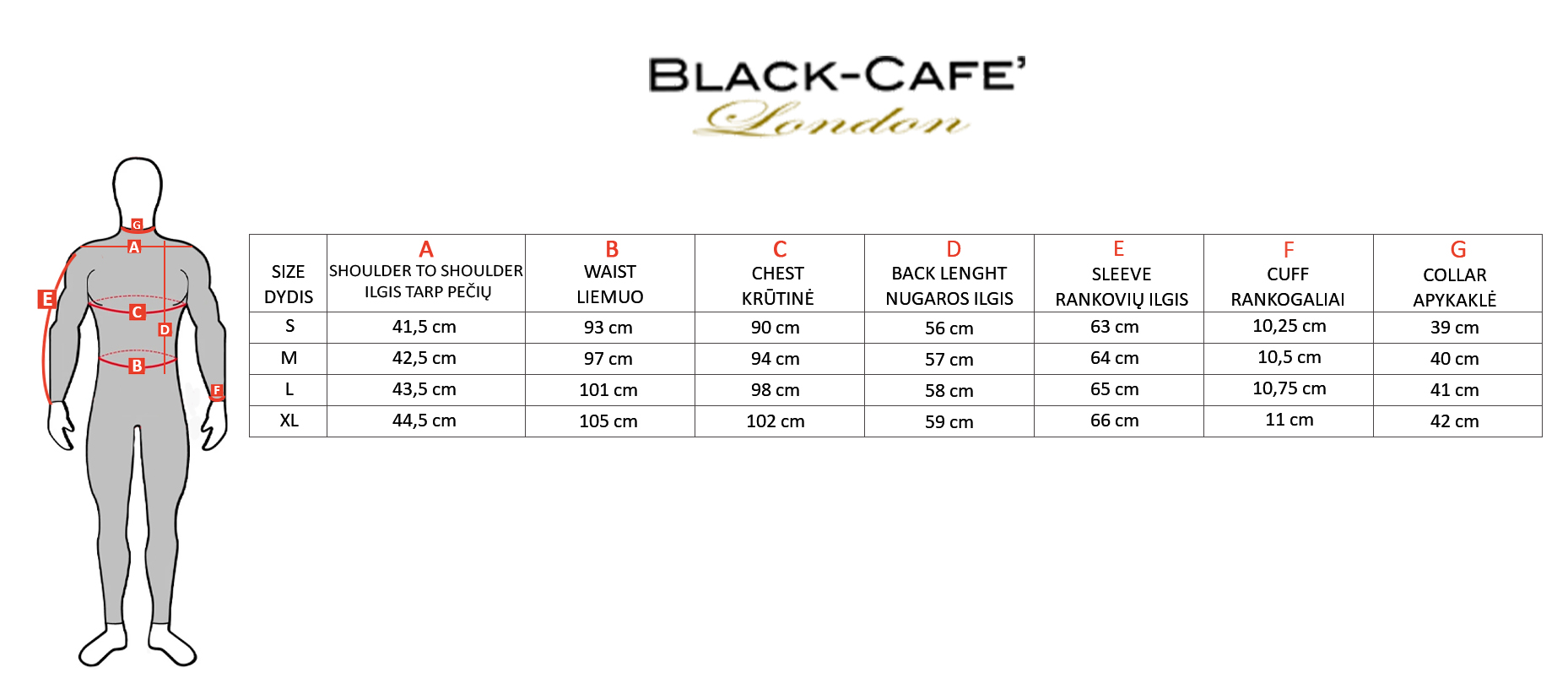 BLACK-CAFE LONDON dydžių lentelė